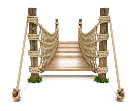 Fototapeta Front view of rope suspension bridge on white background - 3D illustration