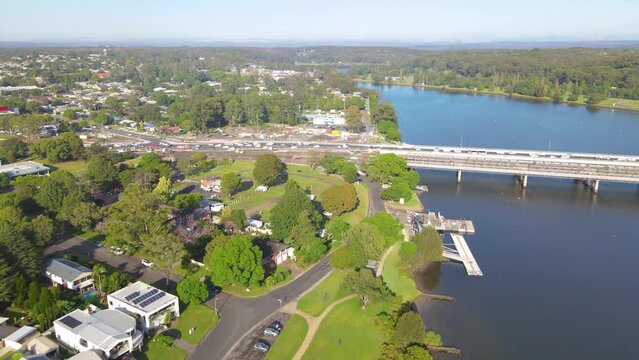 Aerial drone view of Nowra at Nowra Bridge along the Princes Highway in the City of Shoalhaven, NSW, Australia with Shoalhaven River in the background 