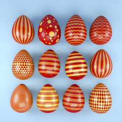 3d render of 12 red and gold easter eggs on blue background. - Vacation background