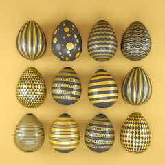 3d render of 12 black and gold easter eggs on yellow background. - Vacation background