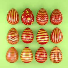 3d render of 12 red and gold easter eggs on green background. - Vacation background