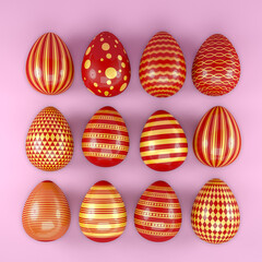 3d render of 12 red and gold easter eggs on pink background. - Vacation background