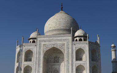 Taj Mahal, Agra, Uttar Pradesh, India, sunny day view, an ivory-white marble mausoleum on the south bank of the Yamuna river in the Indian city of Agra, Uttar Pradesh.