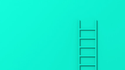 Turquoise staircase on Turquoise background. Staircase stands vertically near wall. Way to success concept. Horizontal image. 3d image. 3D rendering.