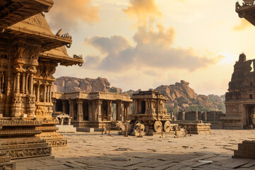 Ancient stone architecture city ruins at Vijaya Vittala temple complex at Hampi Karnataka, India at...