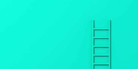 Turquoise staircase on Turquoise background. Staircase stands vertically near wall. Way to success concept. Horizontal image. Banner for insertion into site. 3d image. 3D rendering.