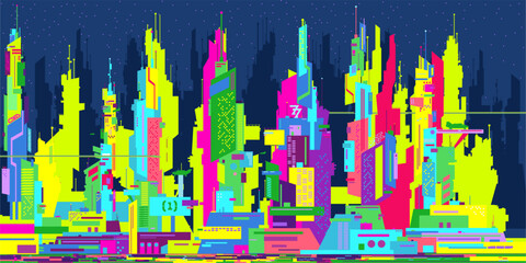 Neon Colorful Trendy Abstract Futuristic Sci-fi Cyber Space City Landscape Vector Illustration
