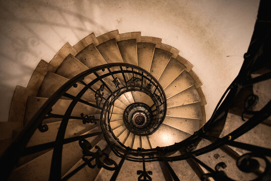 Spiral stone staircase in Basilica of st. Stephen in Budapest, Hungary, view from above on the perspective