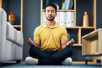 Meditation, zen and relax, man on living room floor with calm breathing exercise and time for mind...
