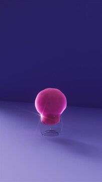 Pink fluffy cloud or organic abstract cell comes out of glass goblet. Blue background with copyspace. 3d render, 4k vertical video.
