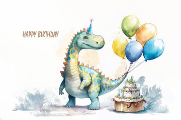 Fototapeta premium Watercolor illustration of cute dinosaur with colorful balloons. Greeting birthday card, poster, banner for children. White background. AI generated