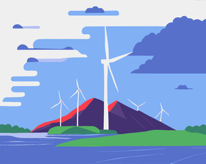 Wind Turbines in beautiful Landscape Renewable Energy Wind Power Vector Illustration