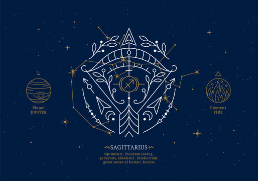 Sagittarius zodiac sign with description of personal features. Astrology horoscope card with zodiac constellation on dark blue sky thin line vector illustration