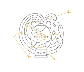 Aquarius astrological symbol with Zodiac constellation, connected stars. Water Bearer astrology horoscope sign and stars on white background thin line vector illustration