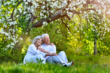 Elderly couple sits on the grass in summer