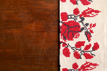 Embroidered good like old handmade cross-stitch ethnic Ukraine pattern. Ukrainian rushnyk ....