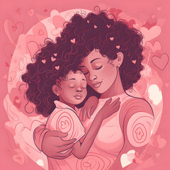 Happy mother's day illustration. Mother with child, flowers and hearts flying around. Genegarive AI 