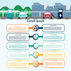 Art & Illustrainfographic Comparison of electric cars compared to gasoline, diesel cars. Electric car charging station vs. fossil car refueling gas station front view isolated on blue background.tion