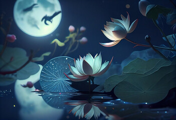 waterlily and moon in starry night , illustration