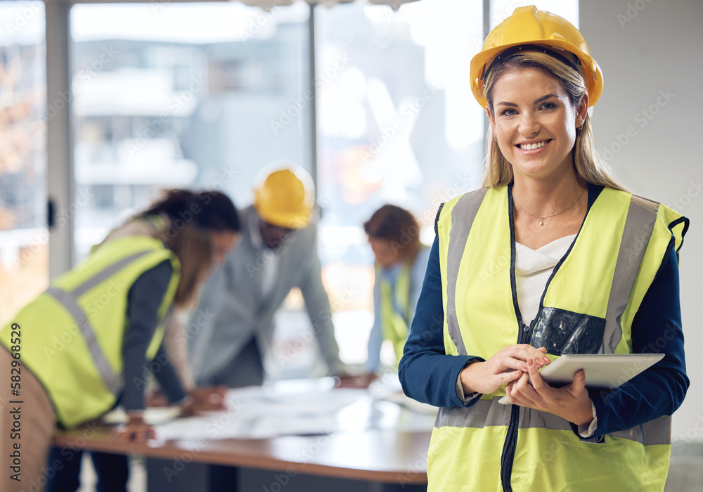 Sticker Woman, architect and tablet in leadership for meeting, construction or planning architecture at office. Portrait of happy female engineer with touchscreen for industrial team management at workplace