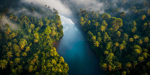 Rainforest jungle aerial view with a wild river. Generative AI