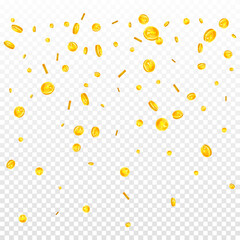 Chinese yuan coins falling. Scattered gold CNY