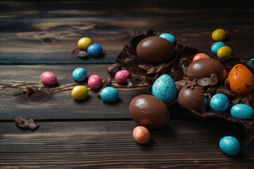 Fototapeta na wymiar Chocolate Easter Delight: A Festive Composition on Colored Wood. Generative Ai