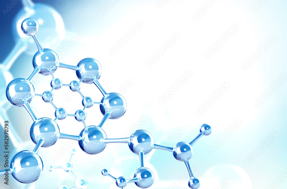 Wall mural horizontal banner with model of abstract molecular structure. background of blue color with glass at