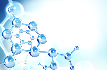 Horizontal banner with model of abstract molecular structure. Background of blue color with glass atom model