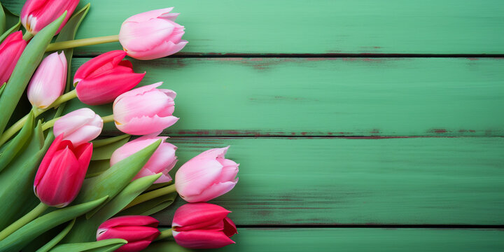 Tulip border with copy space. Beautiful frame composition of spring flowers. generative ai. Bouquet of pink tulips flowers on green vintage wooden background