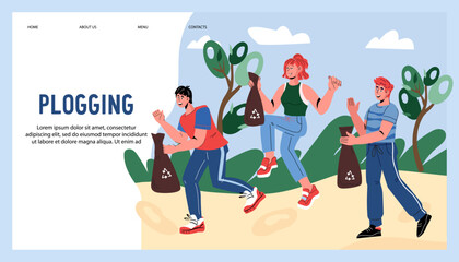 Plogging environmental and sports event website banner with people running with bags and picking up trash. Public place cleaning day, plogging and volunteering, flat vector illustration.