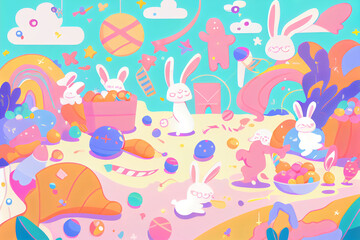 Fototapeta na wymiar Colorful Easter Bunnies and Eggs Vector Illustration in Pastel Tones - Perfect for Spring