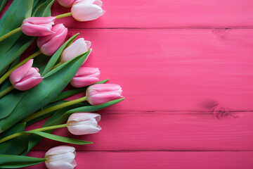 Tulip border with copy space. Beautiful frame composition of spring flowers. generative ai. Bouquet of pink tulips flowers on pink vintage wooden background