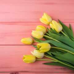Obraz premium Tulip border with copy space. Bouquet of yellow tulips flowers on pink vintage wooden background. generative ai. Beautiful frame composition of spring flowers
