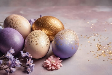 Obraz premium Golden Glitter and Lilac Blooms: A Stunning Easter Egg Composition. Generative Ai
