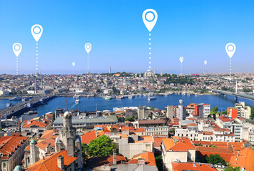 Network connection concept. Aerial view on  Istanbul with location pin. Global positioning system pin map. Map pins with top view on Istanbu - obrazy, fototapety, plakaty