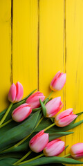 Obraz na płótnie Canvas Tulip border with copy space. generative ai. Bouquet of yellow tulips flowers on pink vintage wooden background. generative ai. Beautiful frame composition of spring flowers