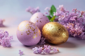 Obraz na płótnie Canvas Golden Glitter and Lilac Blooms: A Stunning Easter Egg Composition. Generative Ai