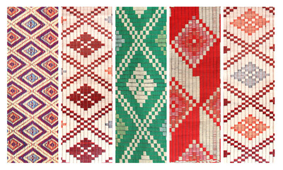 Set of sisal mat with traditional asian geometric patterns. Collection of jute handmade rug with ornament of red, green, blue, white and yellow color