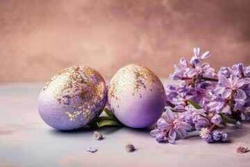 Obraz na płótnie Canvas Golden Glitter and Lilac Blooms: A Stunning Easter Egg Composition. Generative Ai