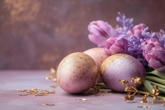 Golden Glitter and Lilac Blooms: A Stunning Easter Egg Composition. Generative Ai
