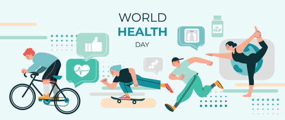 World health day concept, 7 April, background vector. Hand drawn doodle style of people working out, yoga exercise, skateboard, text chat elements. Design for web, banner, campaign, social media post.