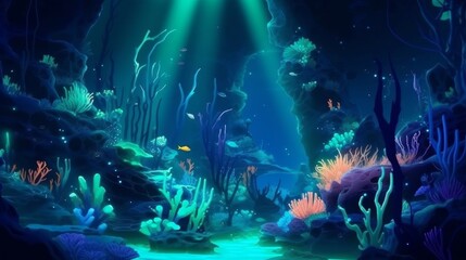 A magical underwater kingdom with neon coral reefs and luminous fish
