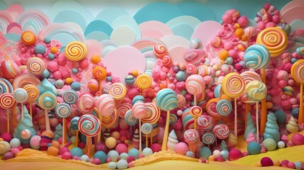 A whimsical candy land with colorful lollipop trees and marshmallow clouds