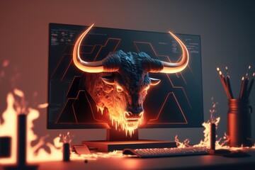 Fire sculpture of angry bull head in front of computer screen, Bullish divergence in Stock market and Crypto currency. Created Generative Ai