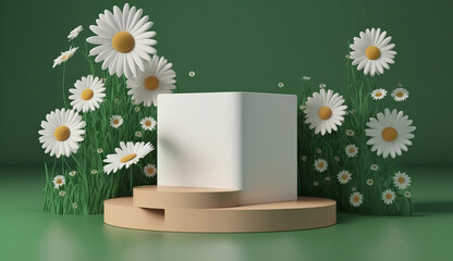 wooden podium display with a White daisy flower on 3D Green background