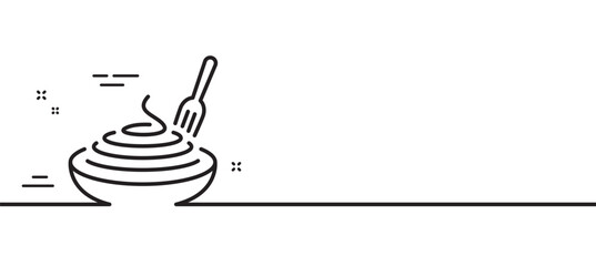 Pasta dish line icon. Plate with macaroni sign. Food bowl with fork symbol. Minimal line illustration background. Pasta dish line icon pattern banner. White web template concept. Vector