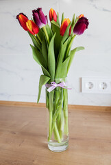 elegant bright tulips in a transparent vase.