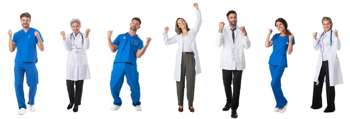 Happy doctors portraits on white