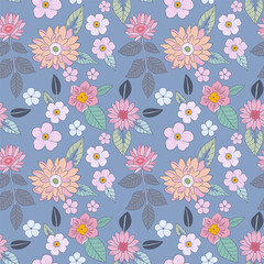 Botanical seamless pattern, various pink and orange flowers with green leaves on a gray-blue background, pastel vintage theme.